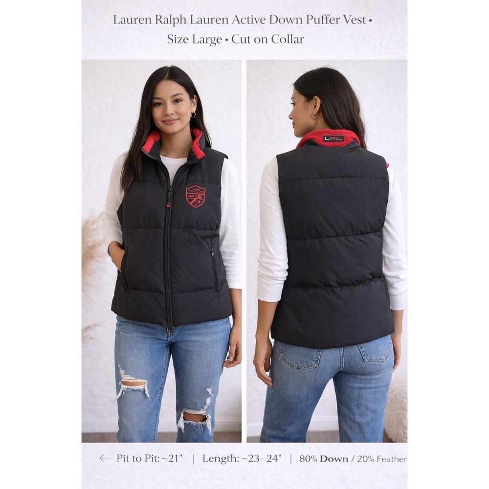 Lauren Ralph Lauren Active Down Puffer Vest Black Red Crest Logo Womens Large